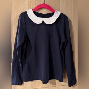 Girls’ Dark Blue Long-Sleeve Top with White Eyelet Peter Pan Collar